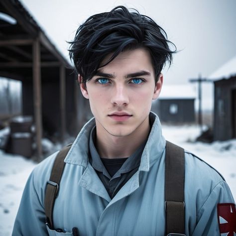 Pretty Male Character Design, Guys With Blue Hair, Man Black Hair Blue Eyes, Aquiline Nose, Mens Blue Hair, Dark Hair Pale Skin, Character Eyes, Male Book Characters, Dark Hair Blue Eyes