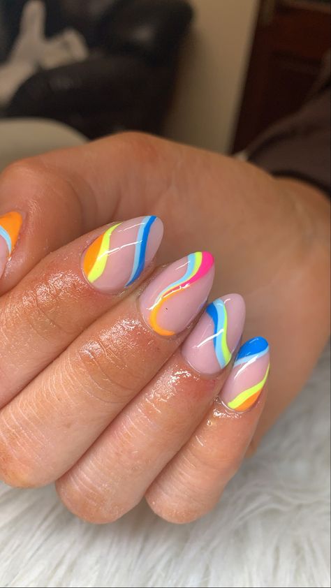 Rainbow Stripe Nails, Almond Rainbow Nails, Simple Rainbow Nails, Multi Coloured Nails, Trip Nails, Rainbow Nail Art Designs, Bright Nail Art, Rainbow Nails Design, 2022 Nails