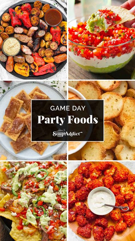 A collage of recipe photos for a collection of Game Day Party Foods. World Series Party, Party Food Snacks, Bacon Wrapped Potatoes, Homemade Cheez Its, Party Food Menu, Snacks And Appetizers, Roasted Red Pepper Dip, Baked Artichoke, Spicy Cauliflower