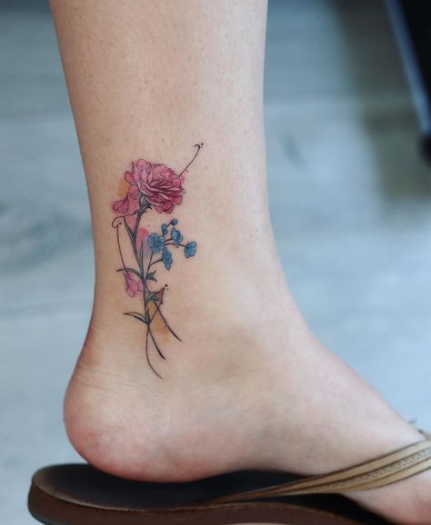 June Jung on Instagram: “Carnation and forget me not for Cynthia❤️” Carnation Flower Tattoo Ankle, Rose With Forget Me Nots Tattoo, Tattoo Of Carnation Flower, Delicate Carnation Tattoo, Carnation Flower Tattoo Watercolor, Carnation Tattoo Color, Carnation Flower Tattoo, Forget Me Not Tattoo, Carnation Tattoo