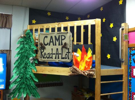 My Camp-Read-A-Lot loft for her classroom... the ladder and sides Preschool Loft Ideas, Reading Loft Classroom, Classroom Loft Ideas, Summer Camp Classroom Setup, Classroom Treehouse, Loft Classroom, Classroom Loft, Fun Library Ideas, Camp Kindergarten