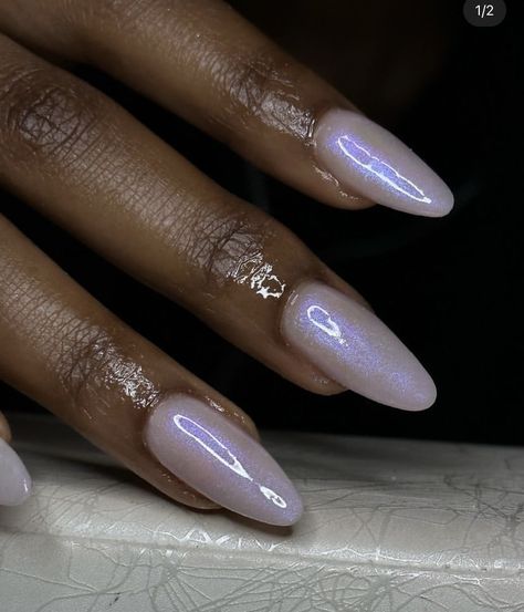 Hailey beiber chrome inspired nails Gel X Solid Color, Pearly Iridescent Nails, Grey Nail Aesthetic, Pearlized White Nails, Chrome Powder On Clear Nails, White Purple Chrome Nails, Milky White Iridescent Nails, Nail Inspo Iridescent, Pearl Nails Purple