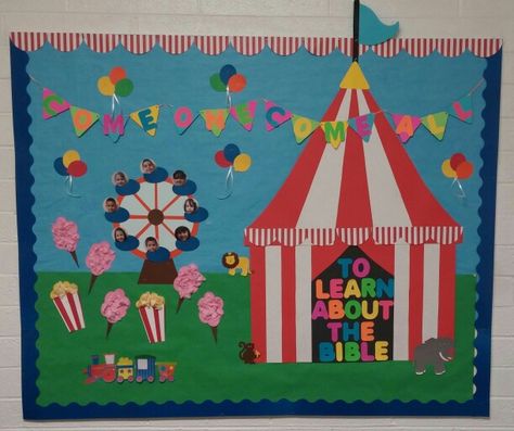 Circus Theme Bulletin Boards Preschool, Carnival Board Decoration, County Fair Bulletin Board Ideas, Ferris Wheel Bulletin Board, Circus Theme Bulletin Boards, Circus Bulletin Board Ideas, Circus Bulletin Boards, Carnival Bulletin Boards, Carnival Vbs