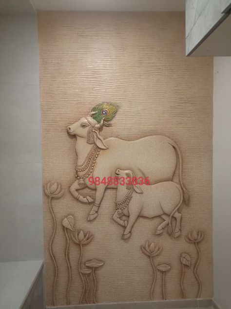 Cow Mural, Classic House Interior Design, Buddha Wall Decor, Mural Art Design, House Wall Design, Mandir Design, Carved Wood Wall Art, Room Wall Painting, 3d Cnc