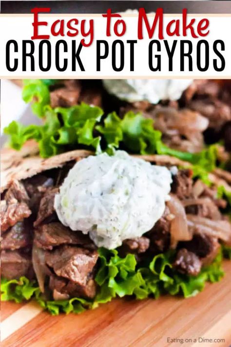 Crock Pot Beef Gyros Recipe makes dinner time a breeze. The tender beef paired with the delicious tzatziki sauce makes this a meal your family will love. Beef Gyros Recipe, Gyro Recipe Beef, Beef Gyros, Gyro Meat Recipe, Gyros Recipe, Beef Gyro, Chicken Gyro Recipe, Lamb Gyros, Crock Pot Beef