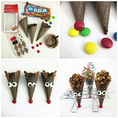 Turn chocolate waffle cones into Rudolph Cones then fill them with your favorite Christmas treat to give as gifts or party favors. Hot Chocolate Mousse, Cone Recipes, Fun Christmas Treats, Chocolate Waffles, Food Art For Kids, Best Christmas Recipes, Ice Cream Candy, Christmas Treat, No Bake Snacks