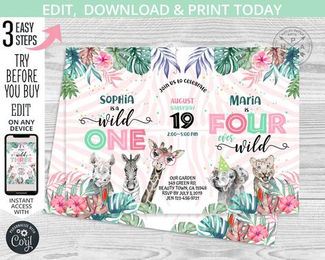 Shared Birthday Parties, Jungle Safari Birthday Party, Third Birthday Invitations, Jungle Safari Birthday, Two Wild, Safari Birthday Party, Diy Event, Party Stationery, Wild Girl