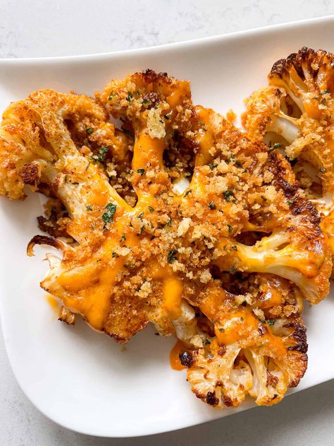 Baked Cheesy Cauliflower Steaks Cheesey Cauliflower Steaks, Cheese Cauliflower Steak, Roasted Cauliflower Steaks Oven, Cheesy Cauliflower Steaks Roasted, Cauliflower Steaks Recipes, Baked Collie Flower Roasted Cauliflower, Gluten Free Panko, Glazed Pork Chops, Dehydrated Onions