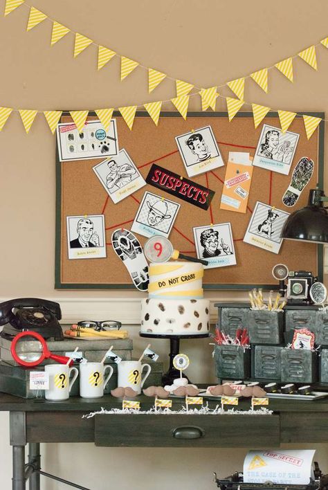 Detective Birthday Party Ideas | Photo 1 of 156 | Catch My Party Detective Birthday Party, Dessert Bord, Geheimagenten Party, Spy Birthday Parties, Detective Party, Detective Theme, Clue Party, Spy Party, Party Logo