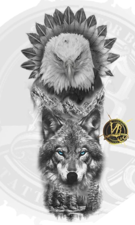 Leg Tattoos Animals, Eagle And Wolf Tattoo, Wolf And Eagle Tattoo, Half Sleeve Tattoos Wolf, Polynesian Leg Tattoo, Wolf Tattoos For Women, Wolf Sleeve, Cool Animal Tattoos, Wildlife Tattoo