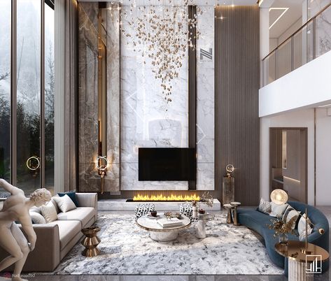 Luxury Double height design in ksa on Behance Wooden Walls Living Room, Double Height Living Room, High Ceiling Living Room, Lobby Interior Design, Wall Decoration Ideas, Double Height, Luxury Living Room Design, Lobby Interior, Foyer Design