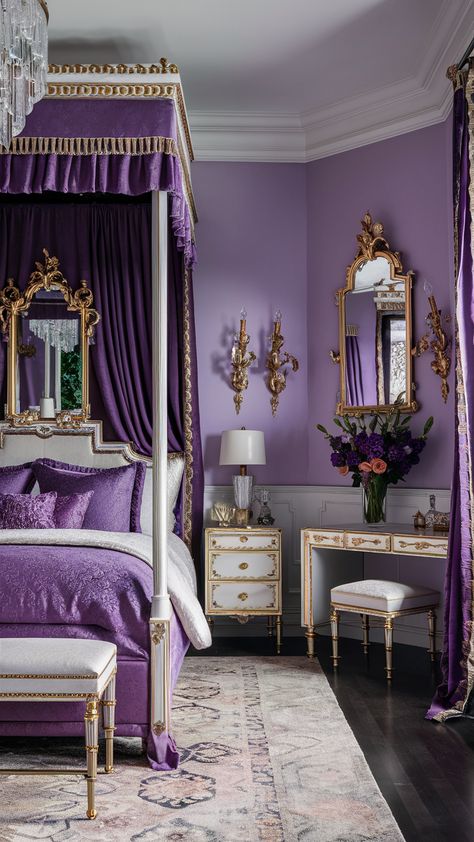 An elegant bedroom with deep royal purple walls, a tufted headboard, plush bedding, and gold accents on the furniture, lighting fixtures, and decor. A luxurious and regal ambiance fills the space. Royal Purple Bedroom, Royal Purple Bedrooms, Bedroom With Gold Accents, Purple Bedroom Ideas, Purple Palace, Regal Decor, Feng Shui Bedroom Tips, Japanese Living Room, Feng Shui Bedroom