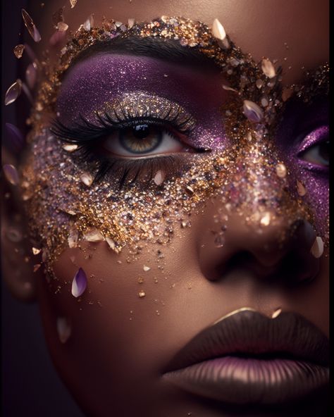 Ai beauty editorial, ai makeup, editorial makeup, editorial photography, purple and gold makeup, shimmer makeup, magazine makeup, ai generated makeup, makeup inspo, makeup inspiration, crystal face makeup, gold makeup, beautiful makeup, portrait photography ©Paje Pokjowy Crystal Face Makeup, Purple Goddess Makeup, Purple And Gold Makeup, Gold Goddess Makeup, Makeup Portrait Photography, High Fashion Makeup Editorial, Bday Makeup, Portfolio Makeup, Practice Makeup