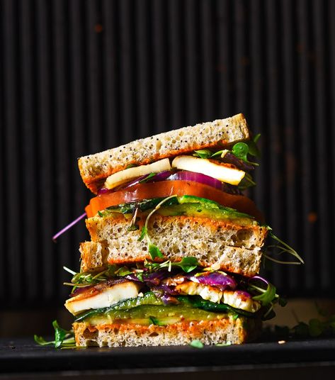 Mediterranean Grilled Veggie Halloumi Sandwich | Nourish Deliciously Halloumi Cheese Sandwich, Grilled Halloumi Cheese, Grilled Halloumi Sandwich, How To Grill Halloumi, Halloumi Sandwich, Halloumi Burger, Onion Sprouts, Artichoke Pizza, June Gloom