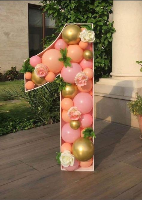 Cardboard Balloon Number, Number One Box With Balloons, Number 1 Mosaic Balloons, Number One Balloon Mosaic Diy, Big Letters Decoration, Pink Balloon Mosaic Number, Pink Birthday Theme, 14th Birthday Party Ideas, Baby Girl Birthday Theme