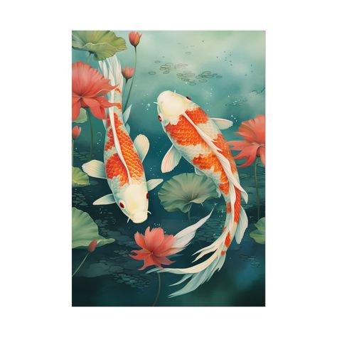 colorful KOI FISH swimming together in turquoise water from Japanese-inspired styles by famous Japanese artists such as Ohara Koson and Bijutsu Sekai.   between fine art (285gsm), semi-gloss (180gsm), or matte (200gsm), and bring your artwork to life in stunning detail. Whether it's breathtaking lands,capes, or eye-capturing portraits, these rolled prints can feature it all as they come in multiple sizes as well as horizontal and vertical orientations.  .: Materials: 285 gsm paper (fine art), 18 White Scales, Boho Mid Century, Ohara Koson, Koi Fish Pond, Fish Swimming, Lotus Flowers, Koi Pond, Turquoise Water, Crystal Clear Water