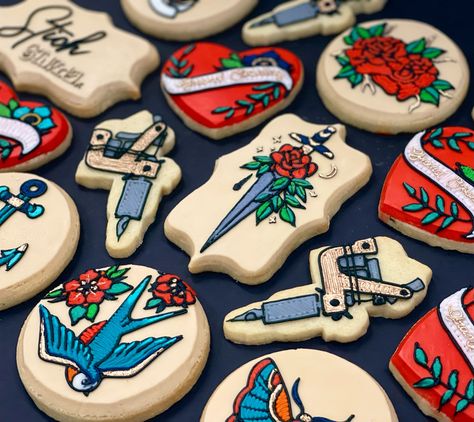 Tattoo themed sugar cookies? SIGN US UP! ❤️🌹🗡️ Tattoo Cookies, Buttercream Sugar Cookies, Instagram Tattoo, Pin Up Tattoos, Sweet Cupcakes, Cookie Inspiration, Cookies Decorated, Bakery Cakes, Custom Tattoo