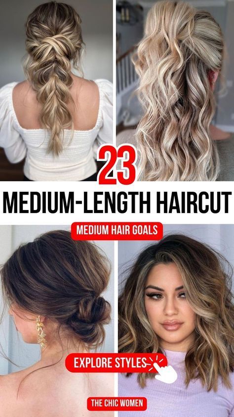 Hair Cuts For Medium Length Fine Hair, Medium Hairstyle Women Updo, Updo With Layered Hair, Hair Styles For Medium To Long Hair, Hair Styles For Medium Thick Hair, Women Hair Styles Medium, Chest Length Hairstyles, Long Hair Styles For Women 30's, Trendy Mid Length Hairstyles