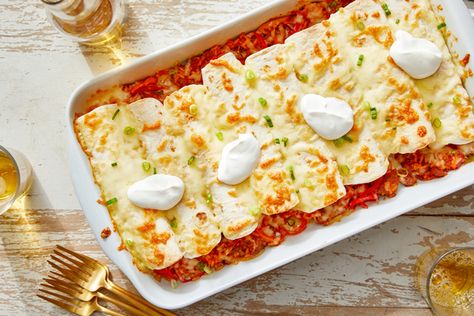 Recipe: Pork Chorizo Enchiladas with Monterey Jack Cheese  & Sour Cream - Blue Apron Chorizo Enchiladas, Light Tomato Sauce, Pork Chorizo, Seasoned Sour Cream, Blue Apron Recipes, Recipe Pork, Monterey Jack, Blue Apron, Monterey Jack Cheese