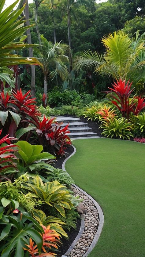 Tropical Pool Garden, Ranch Landscaping Ideas Front Yard, Magical Landscaping, Tropical Landscaping Front Yard, Tropical Backyard Ideas, Hawaiian Landscaping, Colourful Gardens, Florida Landscaping Ideas, Backyard Arizona