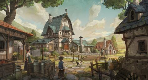 village, sanghyun kam on ArtStation at https://www.artstation.com/artwork/lVq9Eo Three Kingdom, Dnd Backgrounds, Forest Village, Background Anime, Farm Village, Fantasy Village, Fantasy Town, Book Promotion, Level Design