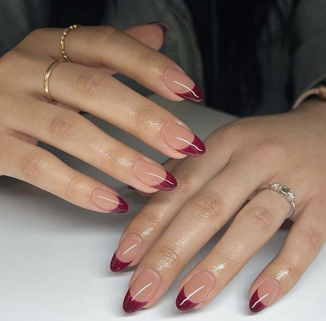 Marron French Nails, Garnett Nails, Dark Red Almond French Tip Nails, Garnet French Tip Nails, Prom Nails For Burgundy Dress, Cherry Wine French Tip, Almond French Tip Nails Color Winter, Wine Red French Tip Nails Almond, Cranberry French Tip Nails