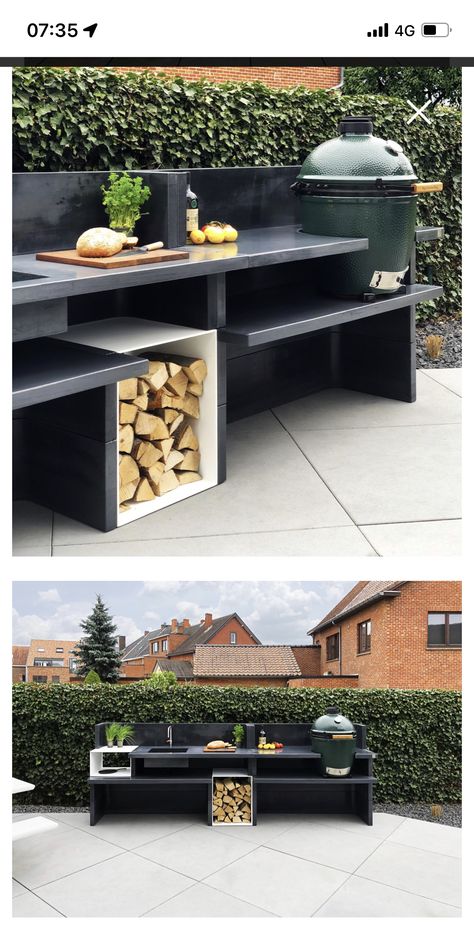 Concrete Grill Area, Green Egg Grill Station, Aesthetic Bbq, Big Green Egg Outdoor Kitchen, Bbq Aesthetic, Backyard Bbq Pit, Aesthetic Backyard, Backyard Aesthetic, Kitchen Backyard