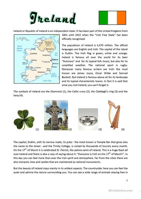 Ireland or Republic of Ireland - English ESL Worksheets for distance learning and physical classrooms Ireland Worksheet, Christmas Math Worksheets, Ireland History, Comprehension Exercises, Reading Comprehension Lessons, Homeschool Geography, World Thinking Day, Reading Comprehension Activities, Irish History