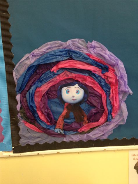 My year seven Coraline display. Halloween Door Decorations Coraline, Caroline Door Decoration, Caroline Halloween Decoration, Coraline Haunted House, Coraline Outdoor Decorations, Tim Burton Door Decorations, Coraline Classroom Door, Coraline Christmas Tree, Diy Coraline Decorations