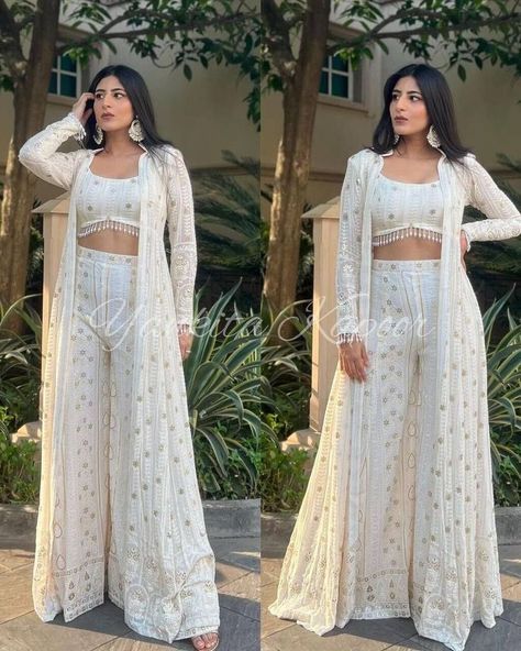 Skirt Plazo Design, Skirt Top Indian Outfit, Long Koti, White Shrug, Ethereal Elegance, Simple Lehenga, Trendy Outfits Indian, Diwali Outfits, Floral Frocks