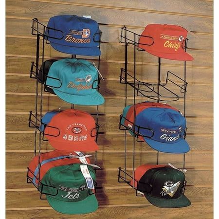 The slatwall hat display keeps headwear organized. Each rack holds 3 to 4 dozen caps. The slatwall hat display allows you to create an impressive exhibit by using multiple holders. Each rack is stylish. The slatwall hat display is durable. Color: Black. Vendor Booth Display Ideas Clothing, Baseball Hat Display, Vendor Booth Display, Metal Coat Hangers, Cap Rack, Shed Office, Clothing Store Displays, Hat Wall, Tshirt Display