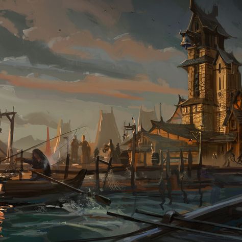 Fishing Town Concept Art, Port Town Fantasy Art, Fantasy Fishing Town, Port City Fantasy Art, Fantasy Fishing Village, Port Concept Art, Fantasy Port City, Fantasy Port Town, Pirate Town