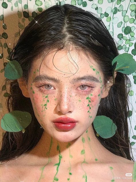 Green Leaf Makeup, Leaf Makeup Look, Tree Makeup Look, Vine Makeup, Moss Makeup, Leaf Makeup, Garden Makeup, Plant Makeup, Nature Makeup