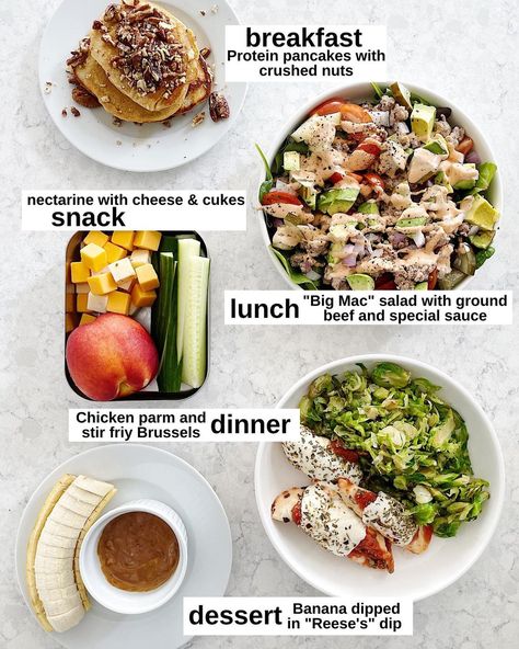 Rachel Paul, PhD, RD on Instagram: “Does this day of eats look good to you? 😍 Here’s what’s in it: 🥞Protein pancakes (I used a protein mix from a box) topped with crushed…” A Day Of Eating, Protein In Every Meal, How To Eat Protein With Every Meal, What To Eat In A Day, Gym Rat Meal Prep, Meal Prep For Gym Rats, Healthy Meal For Pregnant Women, Healthy Daily Meals, Baked Chicken Parm