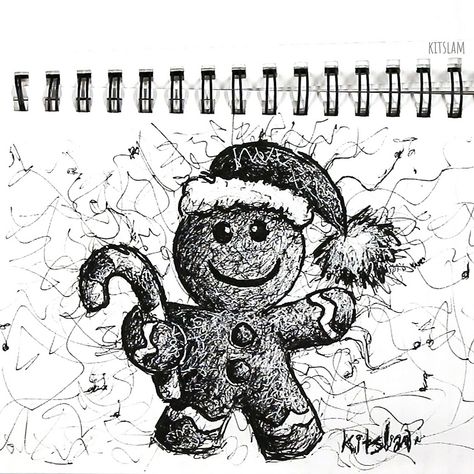 Christmas Ink Drawing, Christmas Drawing Ideas Pencil, Drawing Of Christmas, Drawing Ideas Pencil, Christmas Drawing Ideas, Christmas Sketch, Fineliner Art, Scribble Drawing, Christmas Gingerbread Man