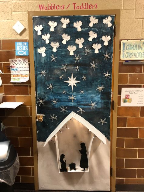 Nativity scene themed classroom door Nativity Scene Door Decorating, Christmas Door Decorating Contest School Christian, Nativity Door Decorations, Nativity Door Decorating Contest, Classroom Christmas Door, Christmas Starry Night, Christmas Door Decoration Ideas, Christmas Board Decoration, Winter Door Decorations Classroom