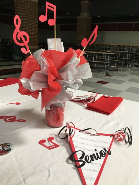 Drummer Party Centerpieces, Marching Band Themed Party, Music Themed Centerpieces Diy Table Decorations, Graduation Party Ideas Marching Band, Rock And Roll Theme Party Centerpieces, Senior Marching Band Gifts, Music Note Centerpieces Diy, Piano Centerpiece Ideas, Senior Night Marching Band