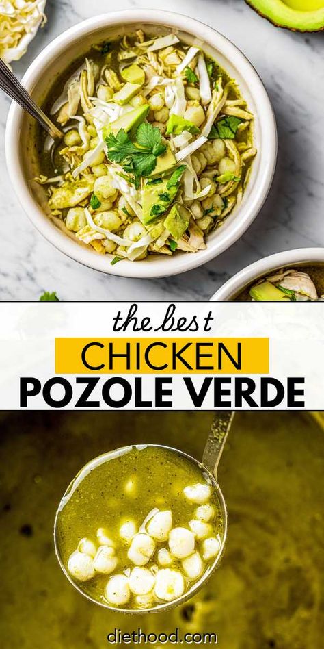 This chicken Pozole Verde, also known as Green Pozole, is a healthy, hearty, and flavorful Mexican stew. Made with tender shredded chicken and white hominy in a vibrant green chile broth, it’s incredibly delicious and so easy to prepare! Green Chile Pozole Mexican Recipes, Green Chicken Pozole Recipe Crock Pot, Verde Pozole Chicken, Easy Chicken Pozole Verde, Green Verde Chicken Soup, Green Chili Posole Chicken, Easy Green Pozole Recipe, Mexican Chicken Pozole, Authentic Green Pozole Recipe Chicken