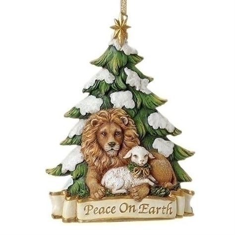 LION & LAMB PEACE ON EARTH ORNAMENT | EWTN Religious Catalogue Christmas Ornaments Painted, Earth Ornament, Lamb Ornament, Ornaments Painted, Catholic Christmas, Jesse Tree, Christian Fall, Snowy Christmas Tree, Heart Christmas Ornaments