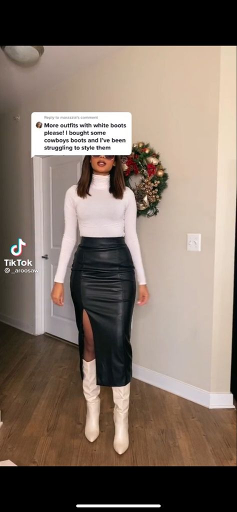 Long White Boots Outfit Winter, Long Faux Leather Skirt Outfit, Cowboy Boots Party Outfit, Long Skirt Boots Outfit, Long Leather Skirt Outfit Winter, Midi Skirt And Boots Outfit, Leather Long Skirt Outfit, Pencil Skirt With Boots, White Leather Skirt Outfit