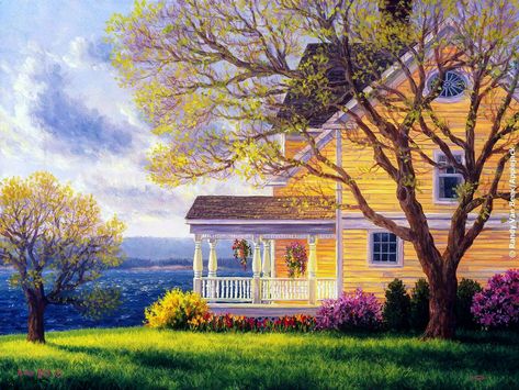 just a drawing, but wouldnt it be nice? Cottage Painting, Jig Saw, Yellow House, Sea Wall Art, Yellow Houses, Home Wallpaper, By The Sea, Framed Canvas Art, Beautiful Paintings