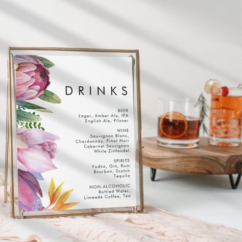 Colorful Tropical Floral Wedding Drinks Sign Tropical Floral Wedding, Drinks Poster, Wedding Drink Sign, White Zinfandel, Drinks Sign, Wedding Drinks, Green Eucalyptus, Elegant Bouquet, Watercolor Greenery