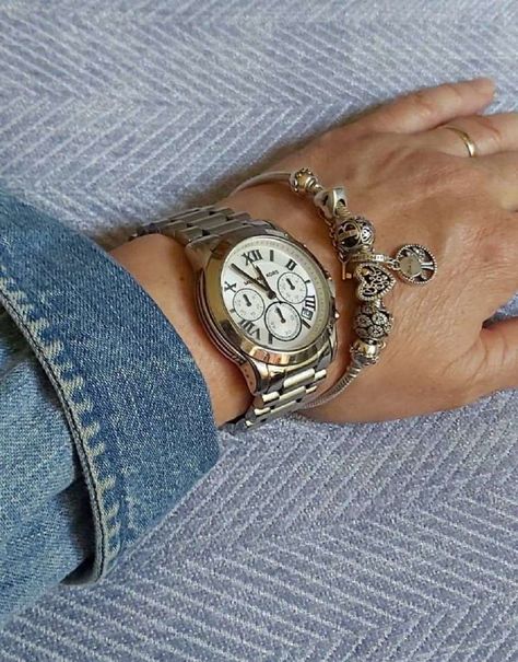 Pandora Bracelet With Watch, Bracelet With Watch, Charm Bracelet Stack, Bling Watch, Pandora Me, Pave Heart Necklace, Everything Country, Hard Working Women, Mk Watch