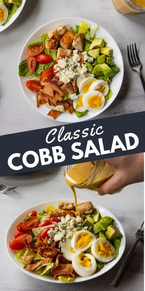 This Classic Cobb Salad is loaded with bacon, chicken, hard boiled, eggs, avocado, tomatoes, and blue cheese. I topped the salad with a Dijon Vinaigrette. This is a great healthy dinner salad that will leave you full. This is an amazing salad recipe to keep on hand. Salad With Boiled Egg Recipes, Salads With Boiled Eggs, Salads With Eggs Hard Boiled, Salad With Soft Boiled Egg, Hard Boiled Egg Salad, Salad With Egg Hard Boiled, Salad With Hard Boiled Eggs, Chicken Avocado Tomato Salad, Avocado Corn Tomato Salad With Bacon