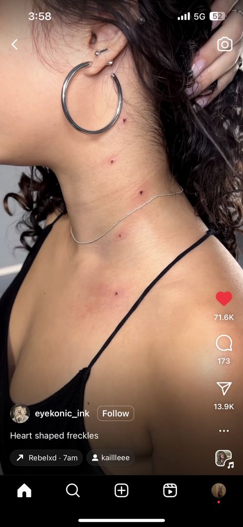 Heart Shaped Freckle Tattoo, Heart Neck Tattoos Women, Heart On Neck Tattoo, Small Belly Tattoo, Tiny Chest Tattoo, Heart Freckle Tattoo, Heart Tattoo On Chest, Small Face Tattoos For Women, Hoodie Business