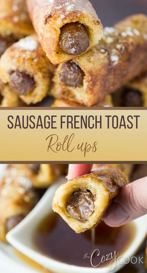 Sausage French Toast Roll Ups dipped in maple syrup French Toast Wrapped Sausage, Sausage Wrapped In Pancake, French Toast Sausage Roll Ups, Pancake Wrapped Sausage, Sausage Wraps, Breakfast Entrees, Lazy Breakfast, Toast Roll Ups, Breakfast Roll