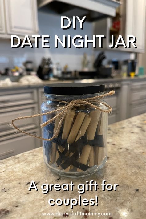 Never stop dating each other! Here are 30 date ideas and how you can DIY your own date night jar as a gift. Great gift for Valentines day! Date Night Gifts For Him, Date Idea Box Diy, Couple Date Night Gift Basket, How To Make A Date Night Jar, 1yr Dating Anniversary Gifts For Him, Date Night Bridal Shower Gift, Diy Date Night Gift Basket, Date Night Crafts Diy, Couples Retreat Ideas Gift Baskets