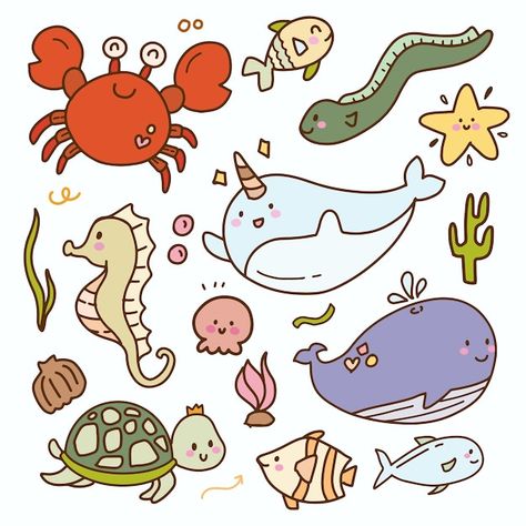 Whale Cartoon, Crab Cartoon, Nursery Drawings, Sea Creatures Drawing, Cartoon Sea Animals, Sea Drawing, Sticker Baby, Underwater Animals, Doodle Cartoon