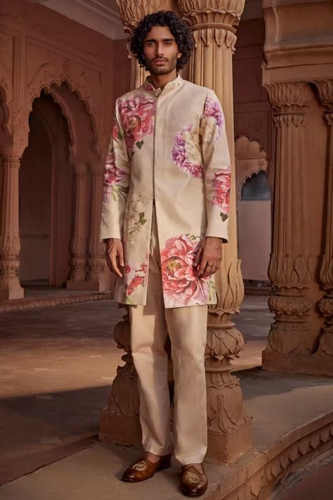 Buy Kalista Multi Color Ridhwan Floral Pattern Sherwani Set Online | Aza Fashions Carnival Outfit For Men, Floral Indian Outfit, Haldi Carnival, Long Jacket Style, Rehearsal Dinner Attire, Dinner Attire, India Fashion Men, Indian Luxury, Haldi Outfits