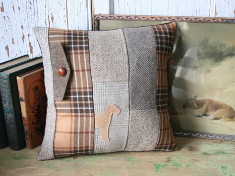 Airedale Terrier Patchwork Pillow Cover  Recycled by SmokinTweed Stocking Designs, Memory Pillows, Patchwork Pillow, Airedale Terrier, Dog Silhouette, Camel Color, Vintage Lettering, Lap Quilt, Different Textures